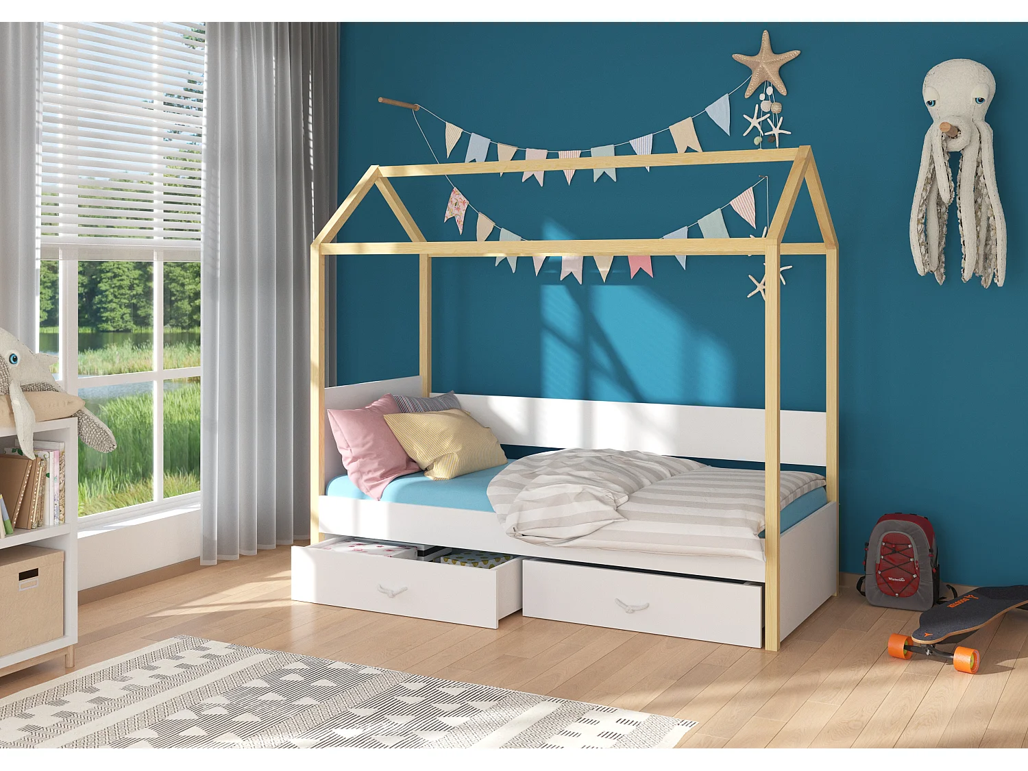 Lit enfant cabane bois pin naturel et bois blanc 90x200 avec 2 tiroirs de rangement Forka