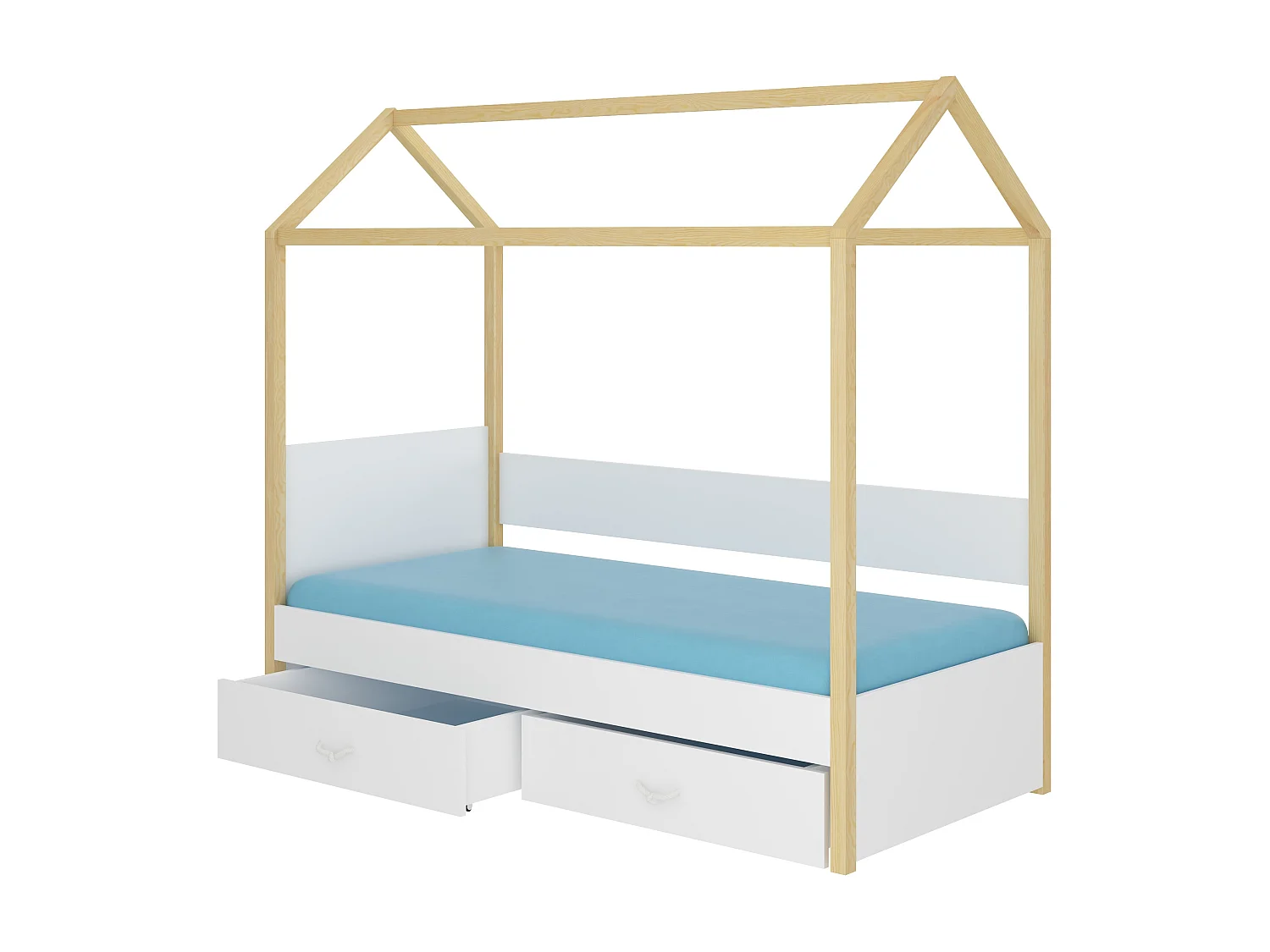 Lit enfant cabane bois pin naturel et bois blanc 90x200 avec 2 tiroirs de rangement Forka