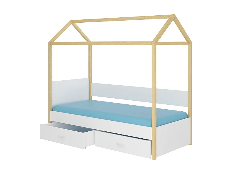 Lit enfant cabane bois pin naturel et bois blanc 90x200 avec 2 tiroirs de rangement Forka