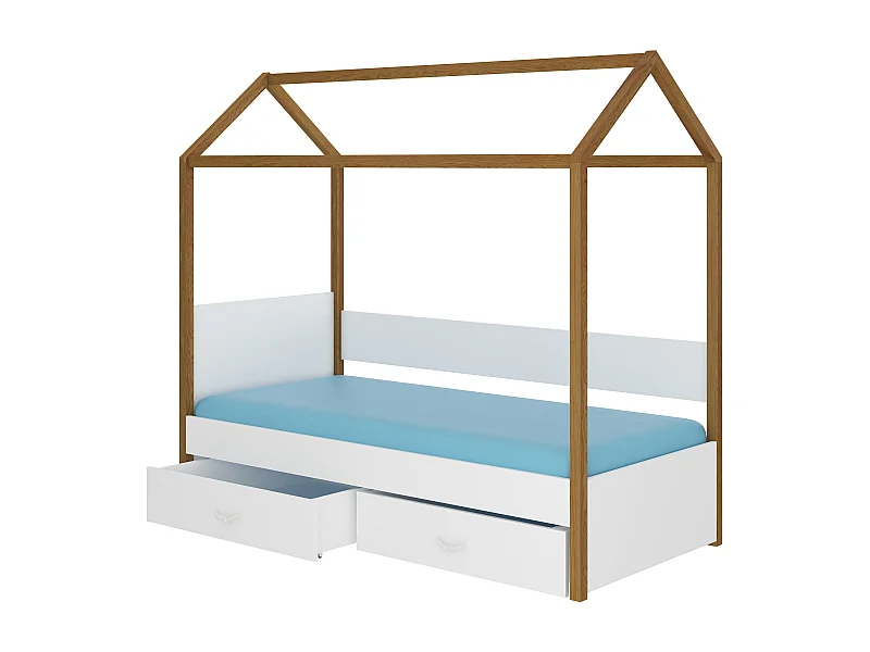Lit enfant cabane bois pin aulne et bois gris clair 90x200 avec 2 tiroirs de rangement Forka