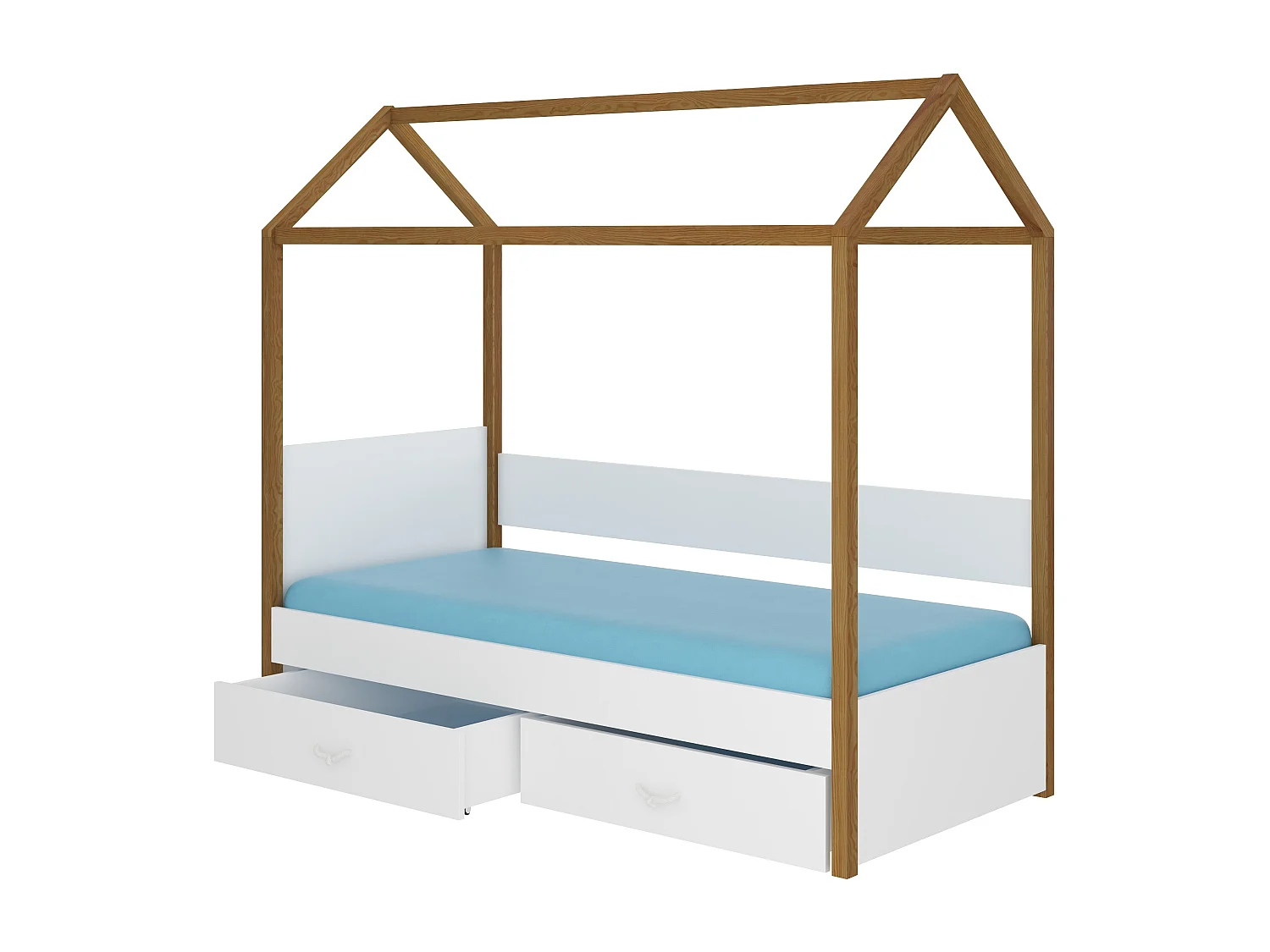 Lit enfant cabane bois pin aulne et bois gris clair 90x200 avec 2 tiroirs de rangement Forka