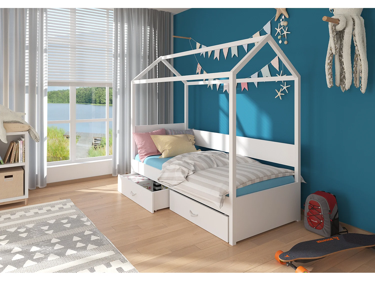 Lit enfant cabane bois pin aulne et bois gris clair 90x200 avec 2 tiroirs de rangement Forka