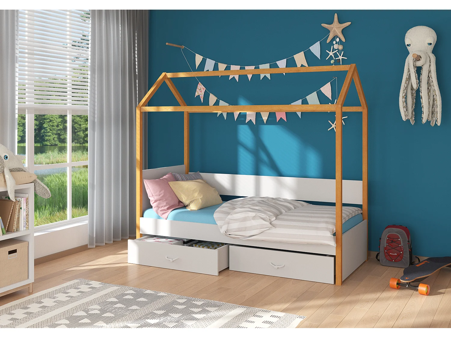 Lit enfant cabane bois pin aulne et bois gris clair 90x200 avec 2 tiroirs de rangement Forka