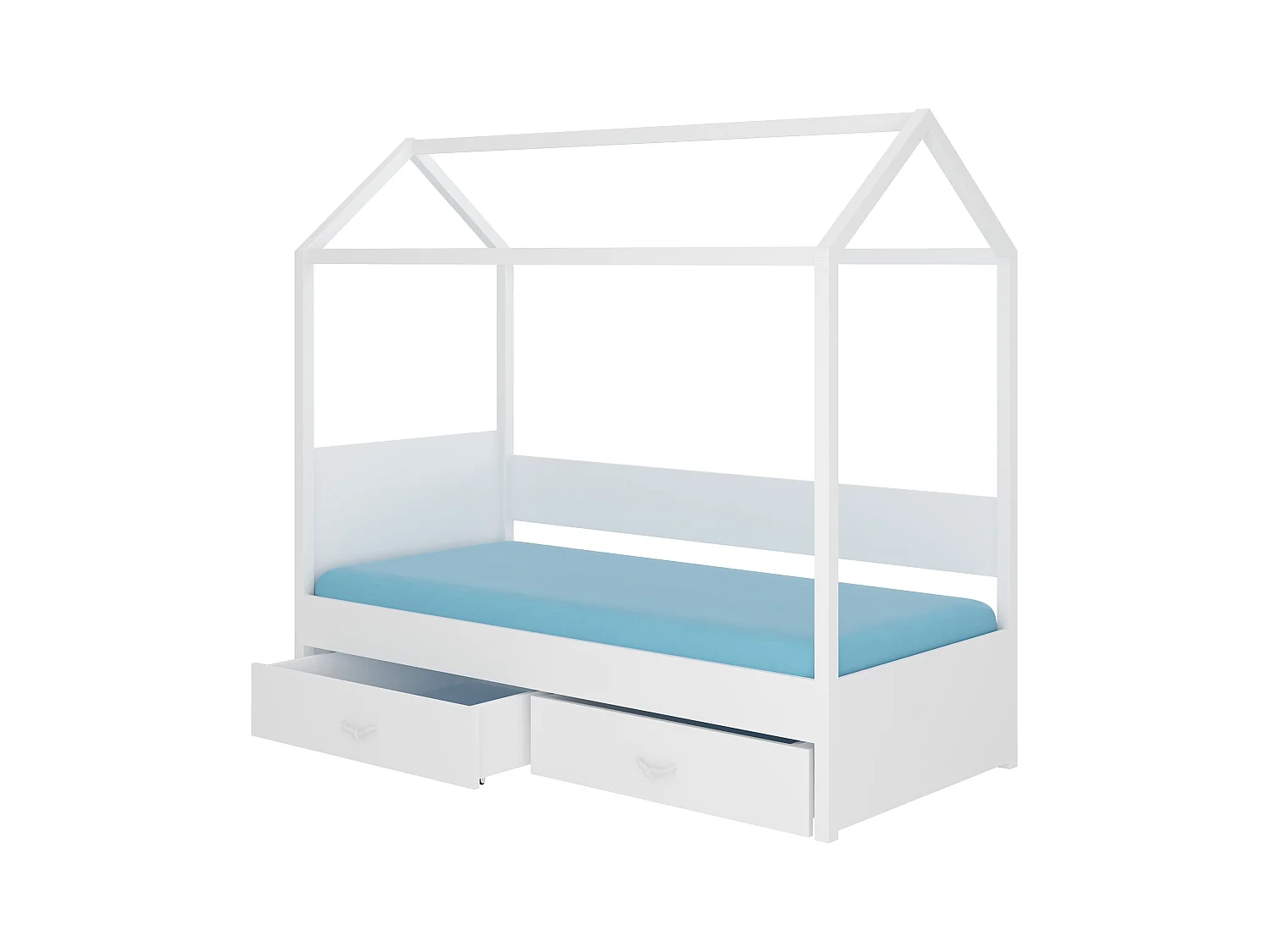 Lit enfant cabane bois pin blanc 90x200 avec 2 tiroirs de rangement Forka