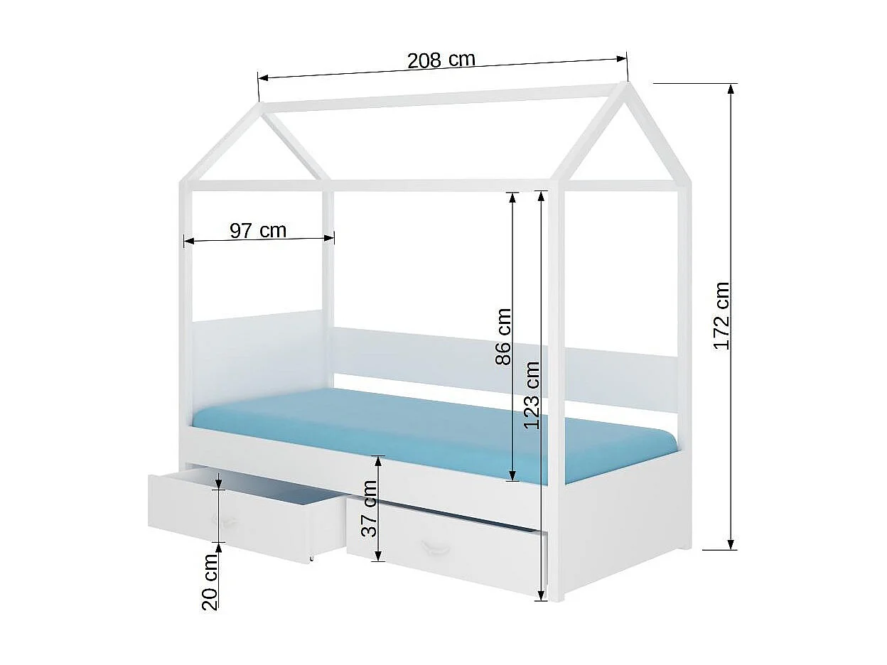 Lit enfant cabane bois pin blanc 90x200 avec 2 tiroirs de rangement Forka