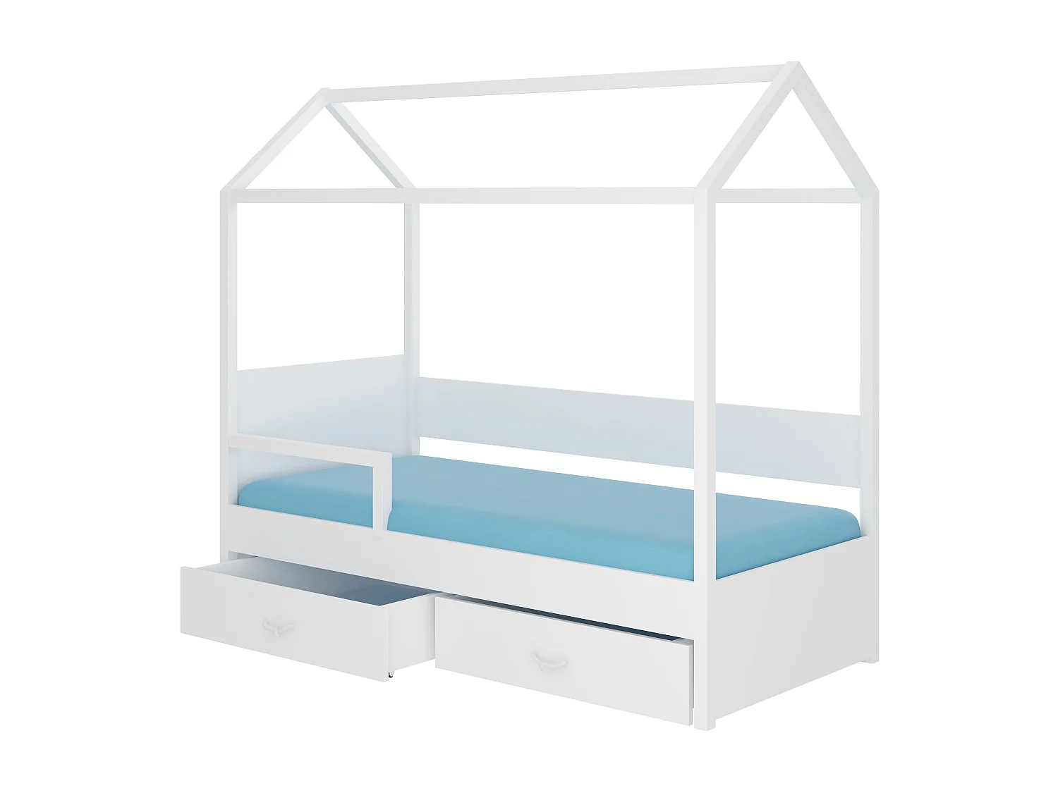 Lit enfant cabane bois pin blanc 90x200 avec barriére et 2 tiroirs de rangement Forka