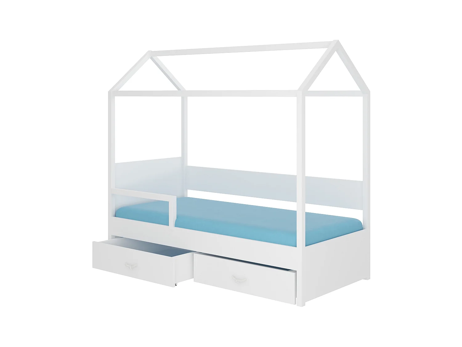 Lit enfant cabane bois pin blanc 90x200 avec barriére et 2 tiroirs de rangement Forka