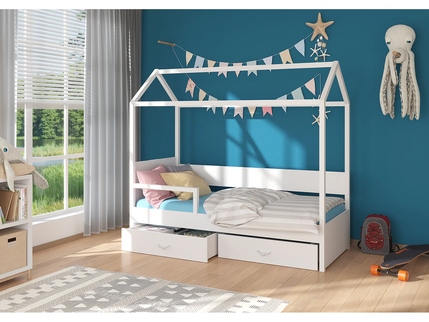 Lit enfant cabane bois pin blanc 90x200 avec barriére et 2 tiroirs de rangement Forka