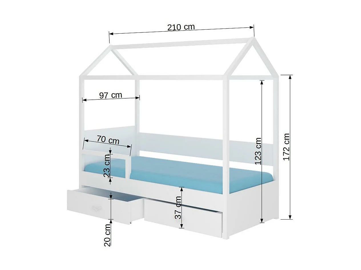 Lit enfant cabane bois pin blanc 90x200 avec barriére et 2 tiroirs de rangement Forka
