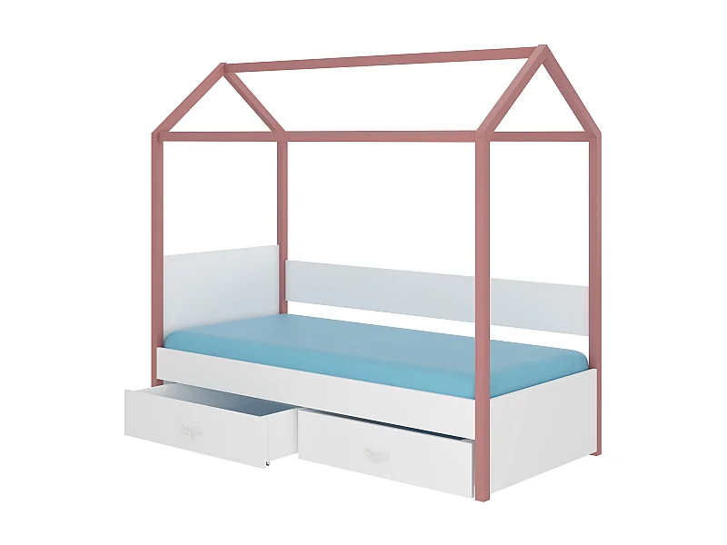 Lit enfant cabane bois pin rose et bois blanc 90x200 avec 2 tiroirs de rangement Forka