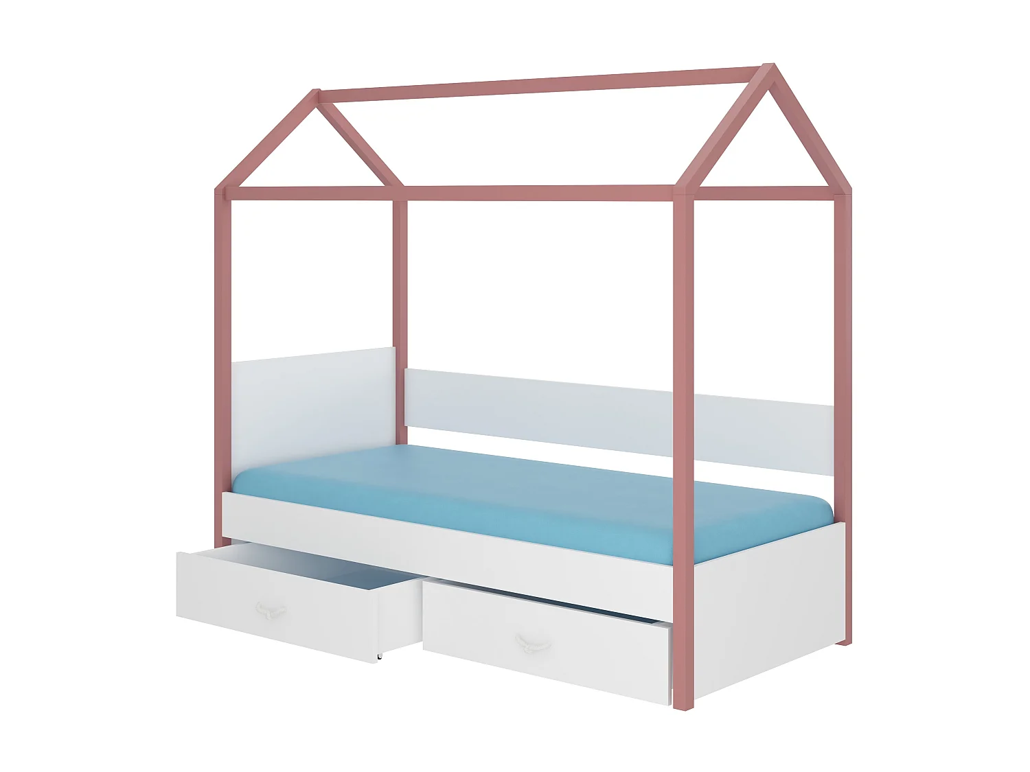 Lit enfant cabane bois pin rose et bois blanc 90x200 avec 2 tiroirs de rangement Forka