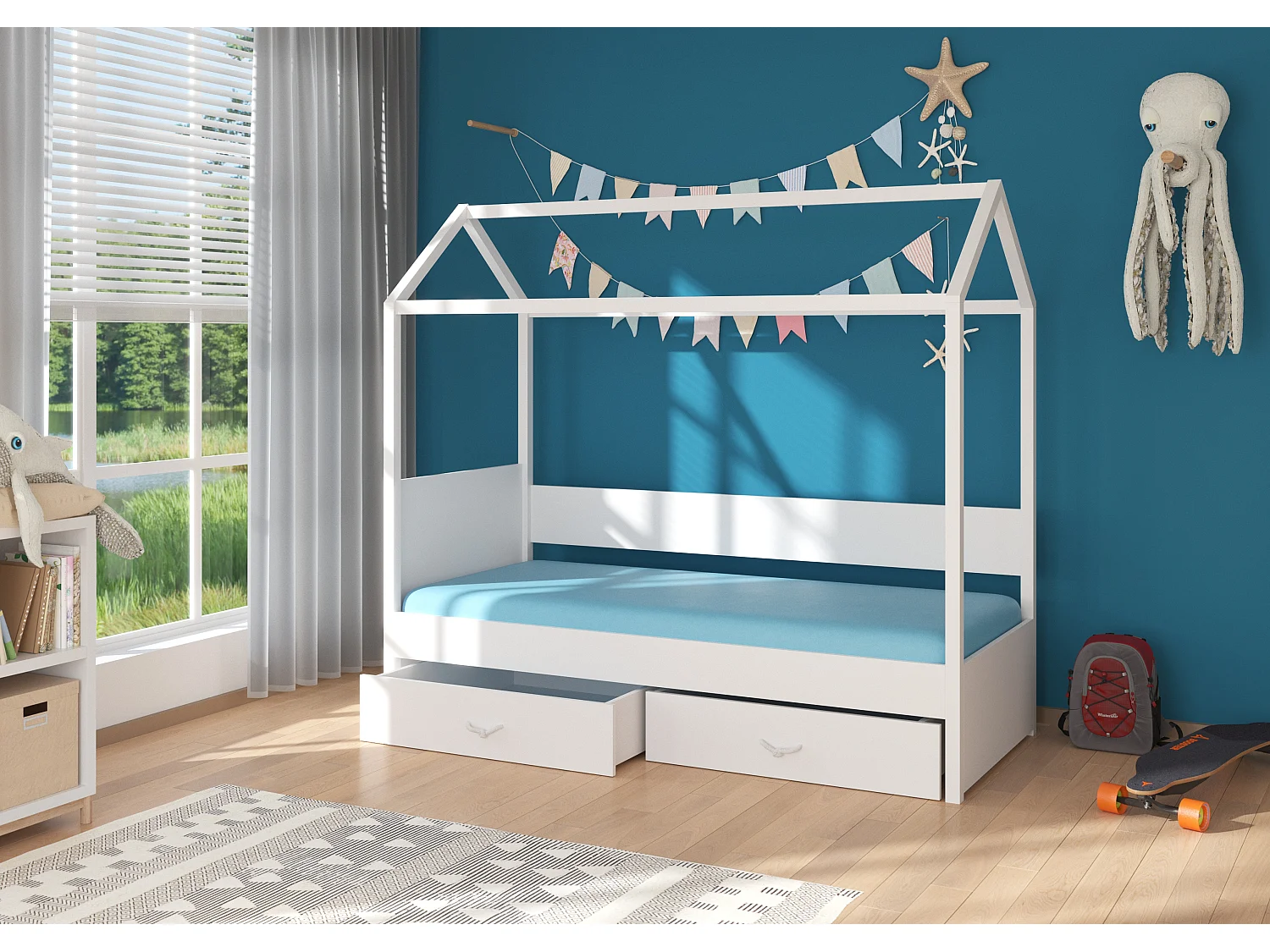 Lit enfant cabane bois pin rose et bois blanc 90x200 avec 2 tiroirs de rangement Forka