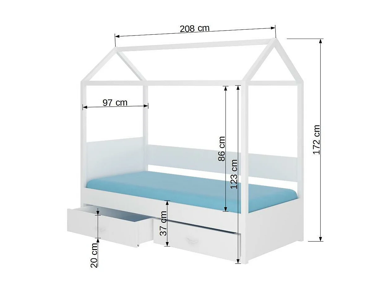 Lit enfant cabane bois pin rose et bois blanc 90x200 avec 2 tiroirs de rangement Forka