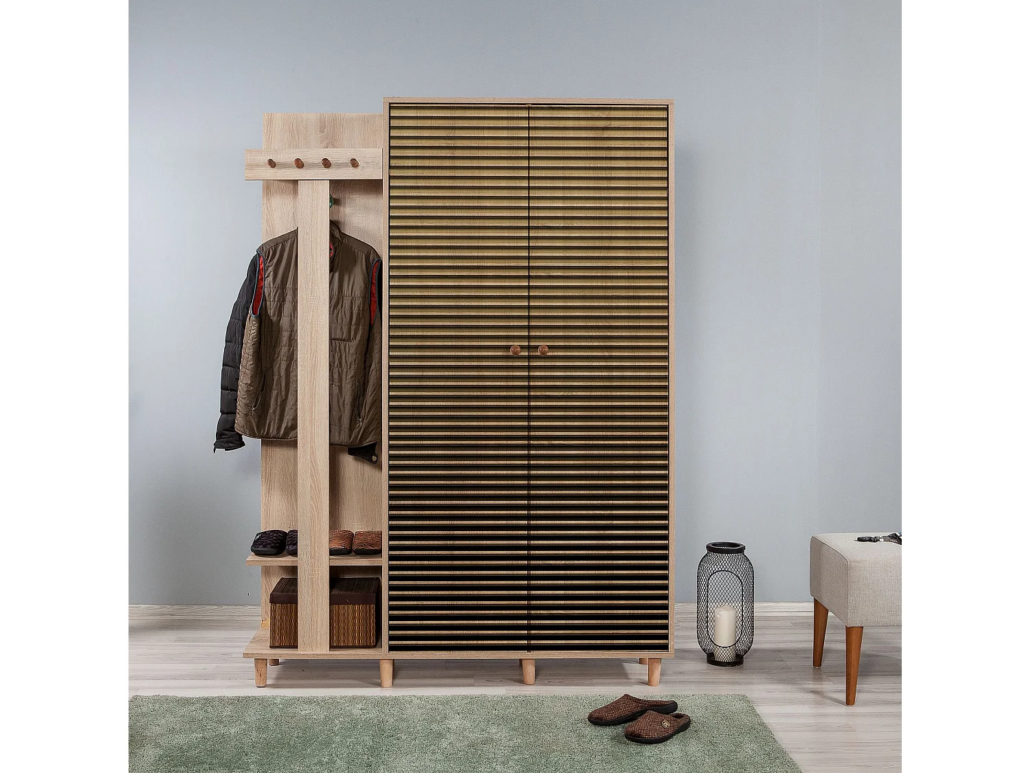 Meuble d'entrée 2 portes Repono L135xH194cm Bois Naturel et Motif Rayures Marron