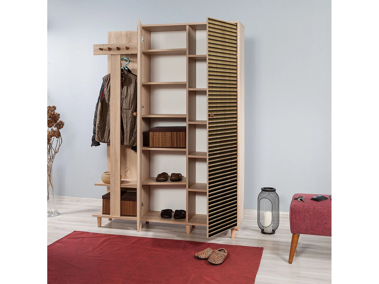 Meuble d'entrée 2 portes Repono L135xH194cm Bois Naturel et Motif Rayures Marron