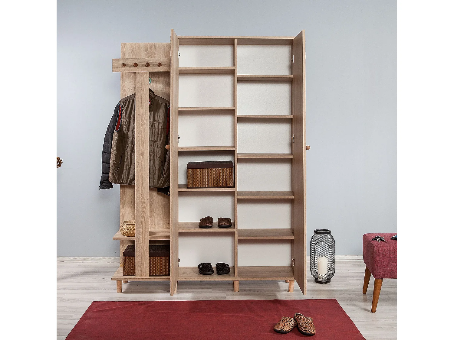 Meuble d'entrée 2 portes Repono L135xH194cm Bois Naturel et Motif Rayures Marron