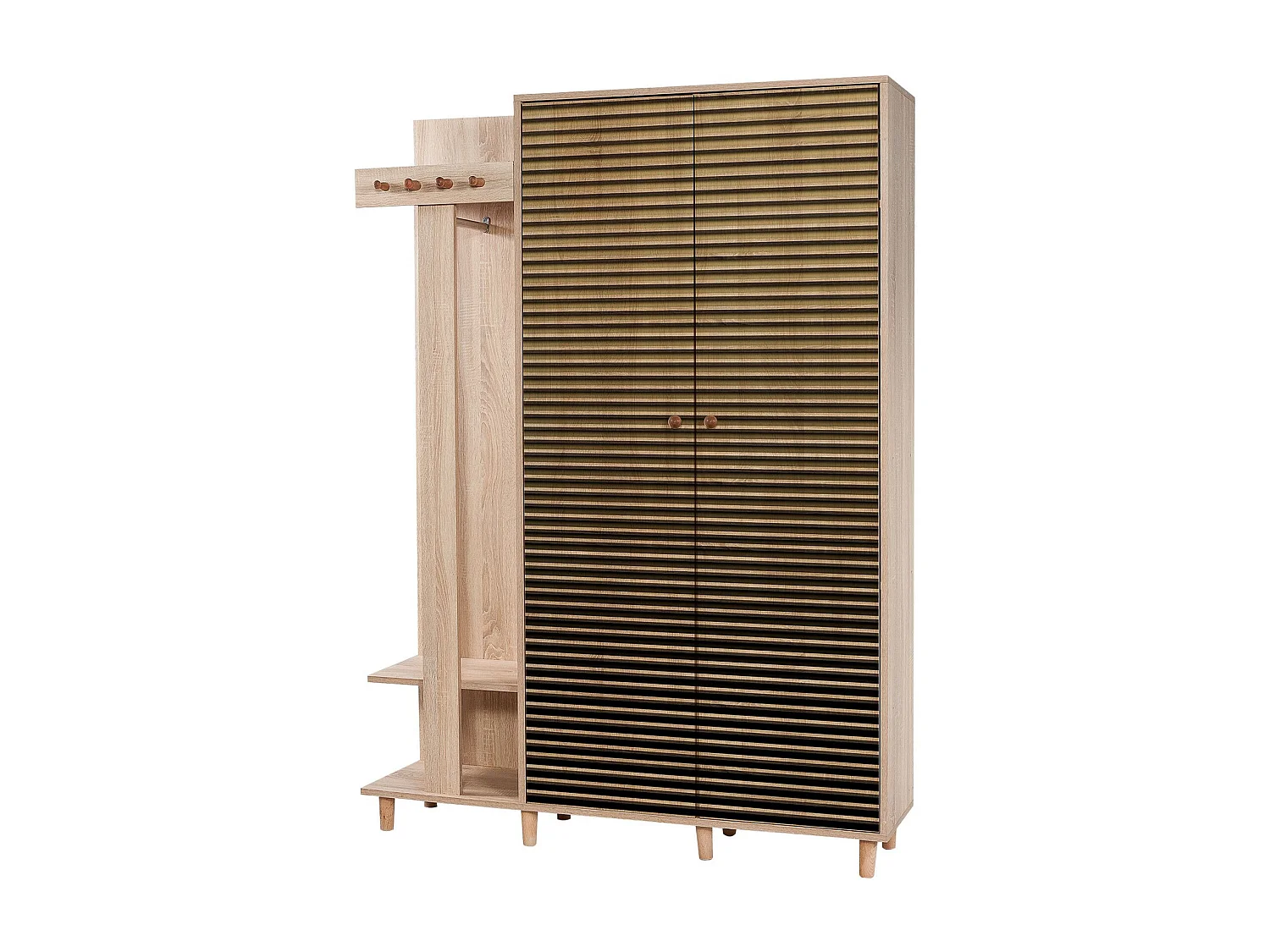 Meuble d'entrée 2 portes Repono L135xH194cm Bois Naturel et Motif Rayures Marron