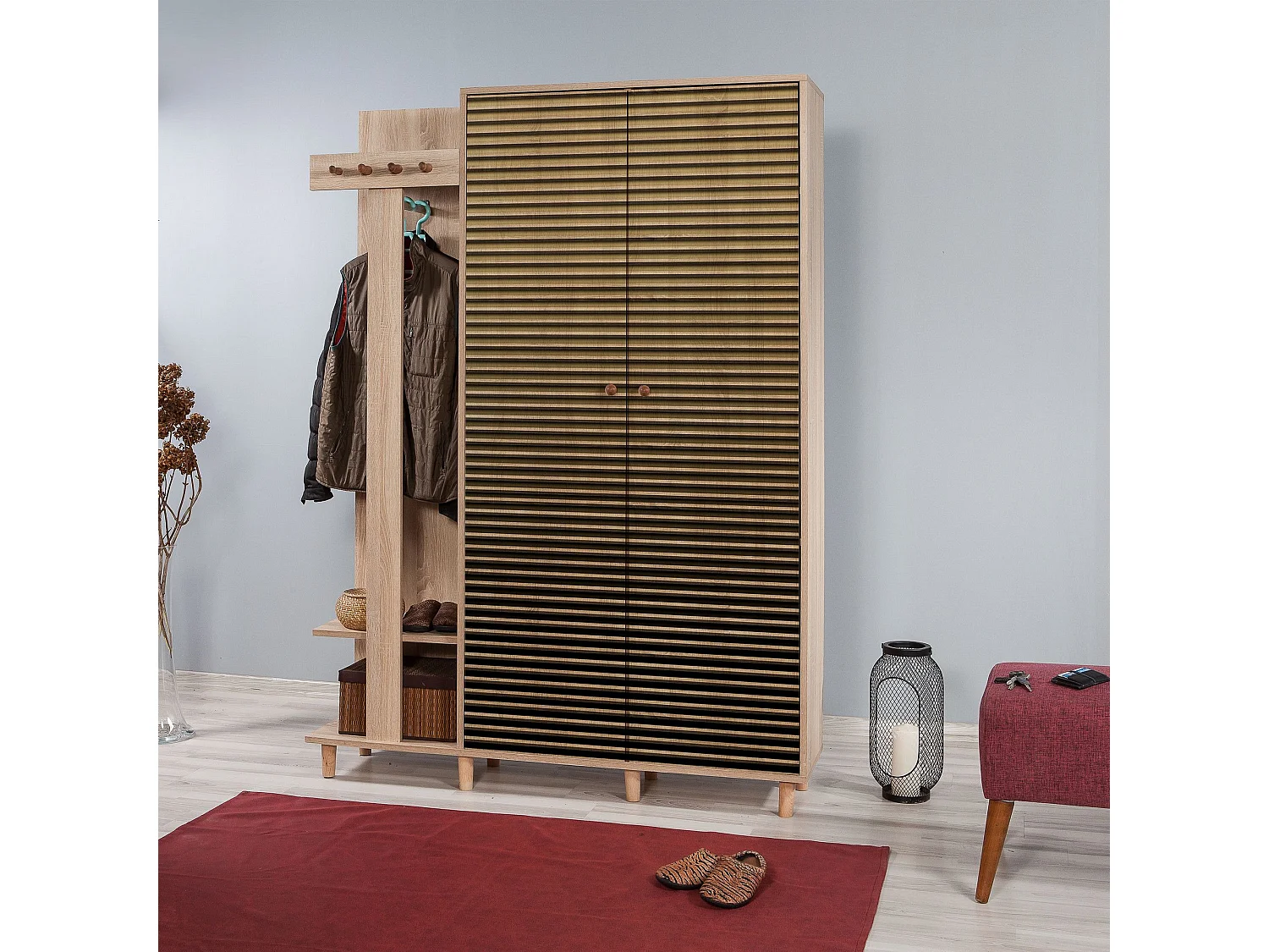 Meuble d'entrée 2 portes Repono L135xH194cm Bois Naturel et Motif Rayures Marron