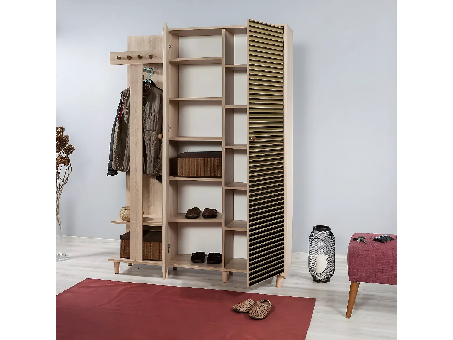 Meuble d'entrée 2 portes Repono L135xH194cm Bois Naturel et Motif Rayures Marron