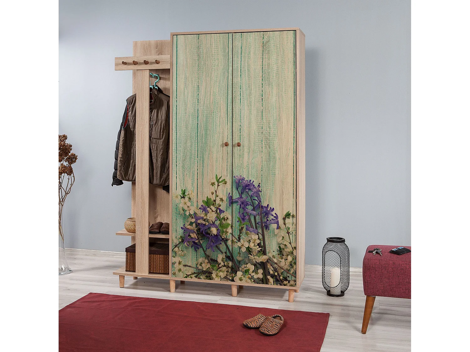 Meuble d'entrée 2 portes Repono L135xH194cm Bois Naturel et Motif Fleurs Blanc et Violet
