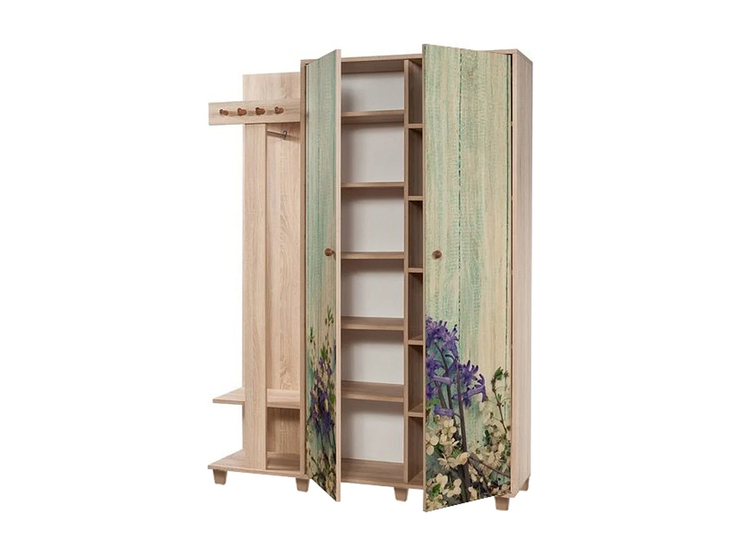 Meuble d'entrée 2 portes Repono L135xH194cm Bois Naturel et Motif Fleurs Blanc et Violet