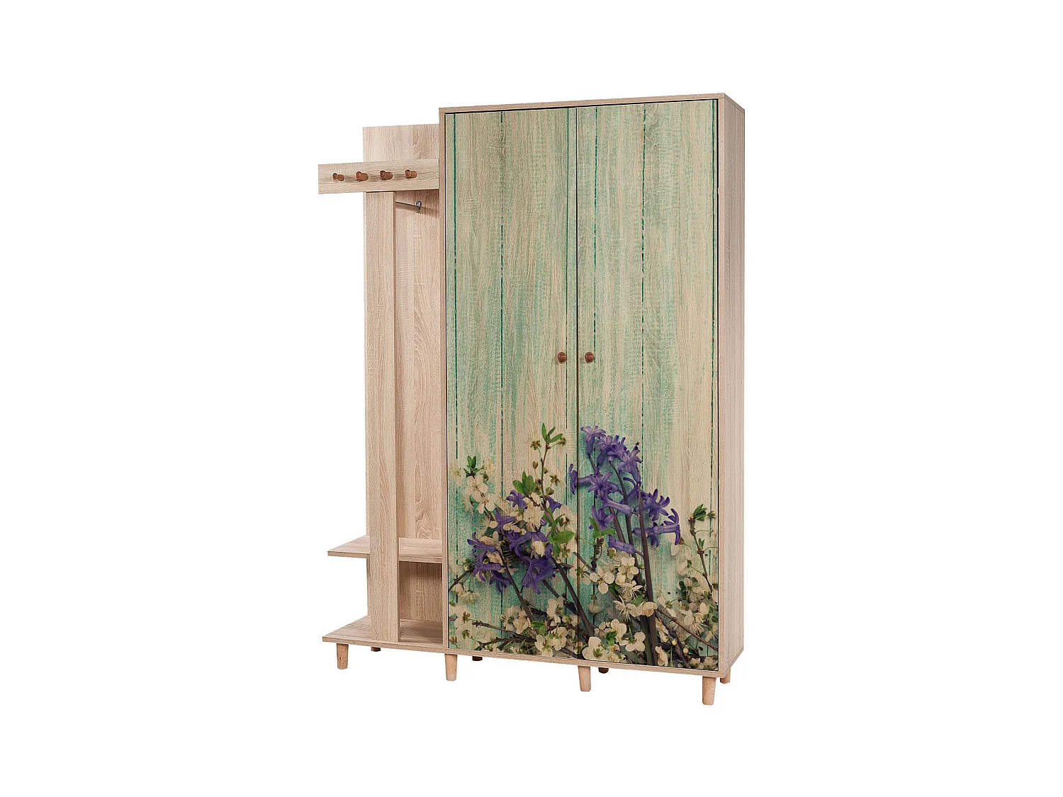 Meuble d'entrée 2 portes Repono L135xH194cm Bois Naturel et Motif Fleurs Blanc et Violet