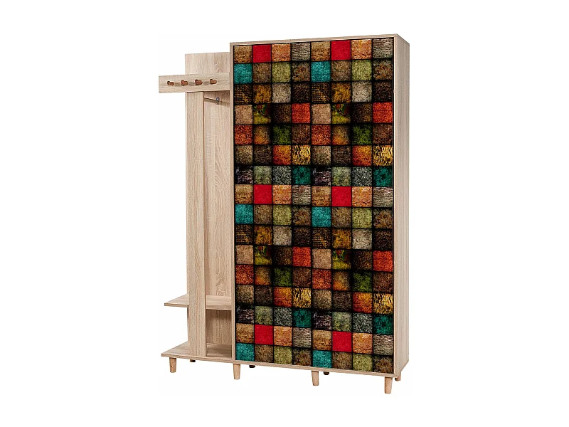 Meuble d'entrée 2 portes Repono L135xH194cm Bois Naturel et Motif Carreaux Multicolore