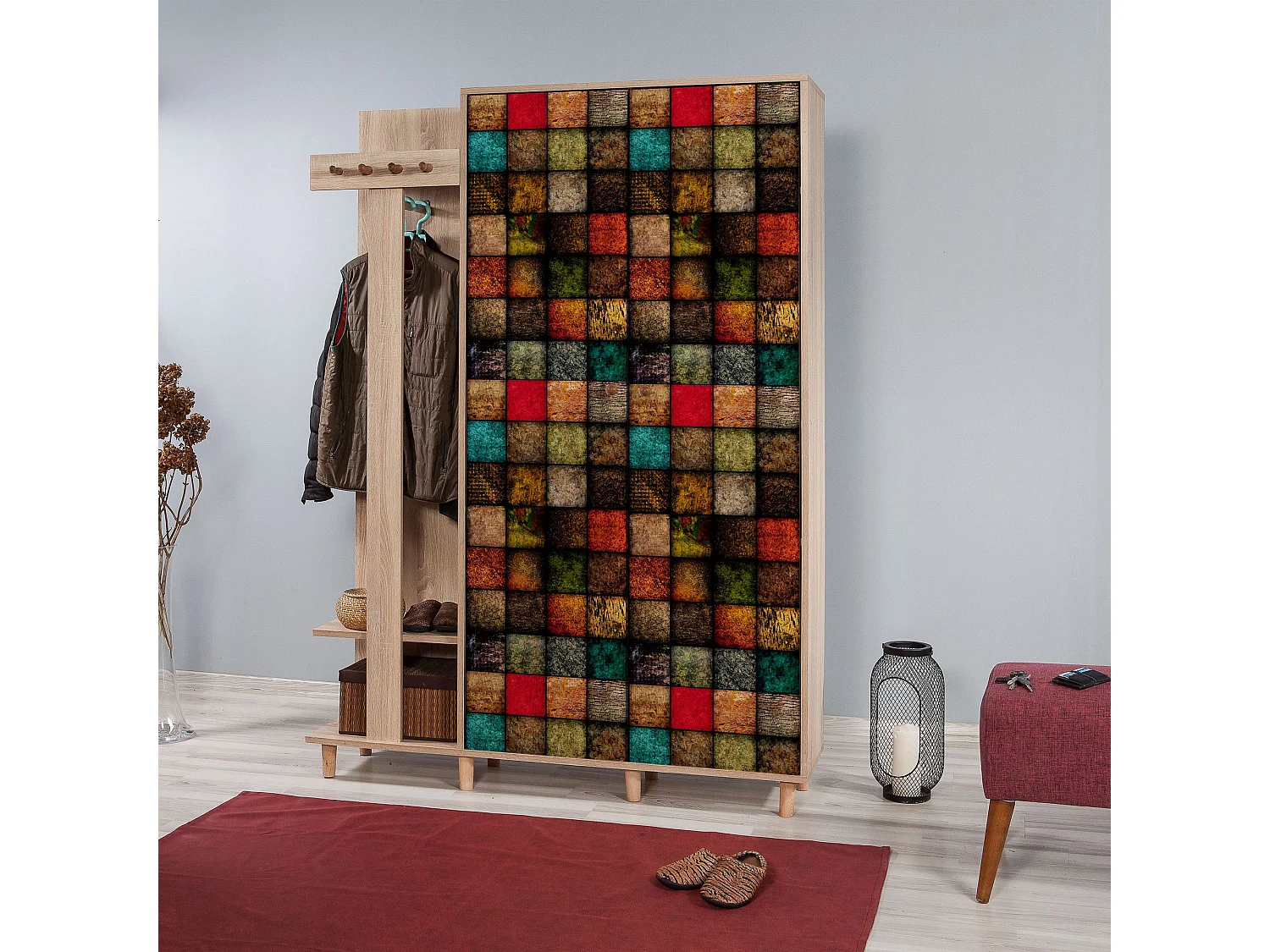 Meuble d'entrée 2 portes Repono L135xH194cm Bois Naturel et Motif Carreaux Multicolore