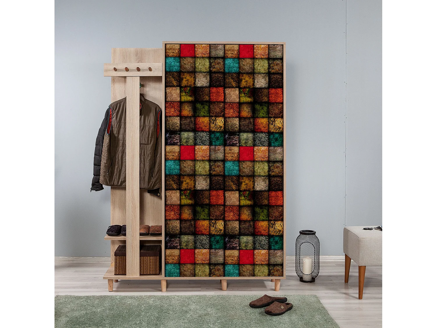 Meuble d'entrée 2 portes Repono L135xH194cm Bois Naturel et Motif Carreaux Multicolore