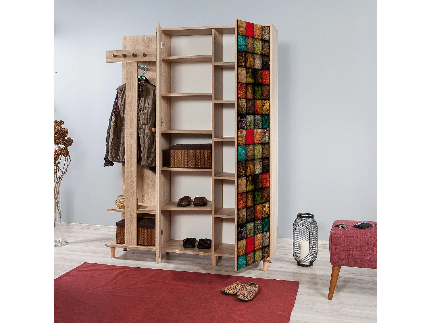 Meuble d'entrée 2 portes Repono L135xH194cm Bois Naturel et Motif Carreaux Multicolore