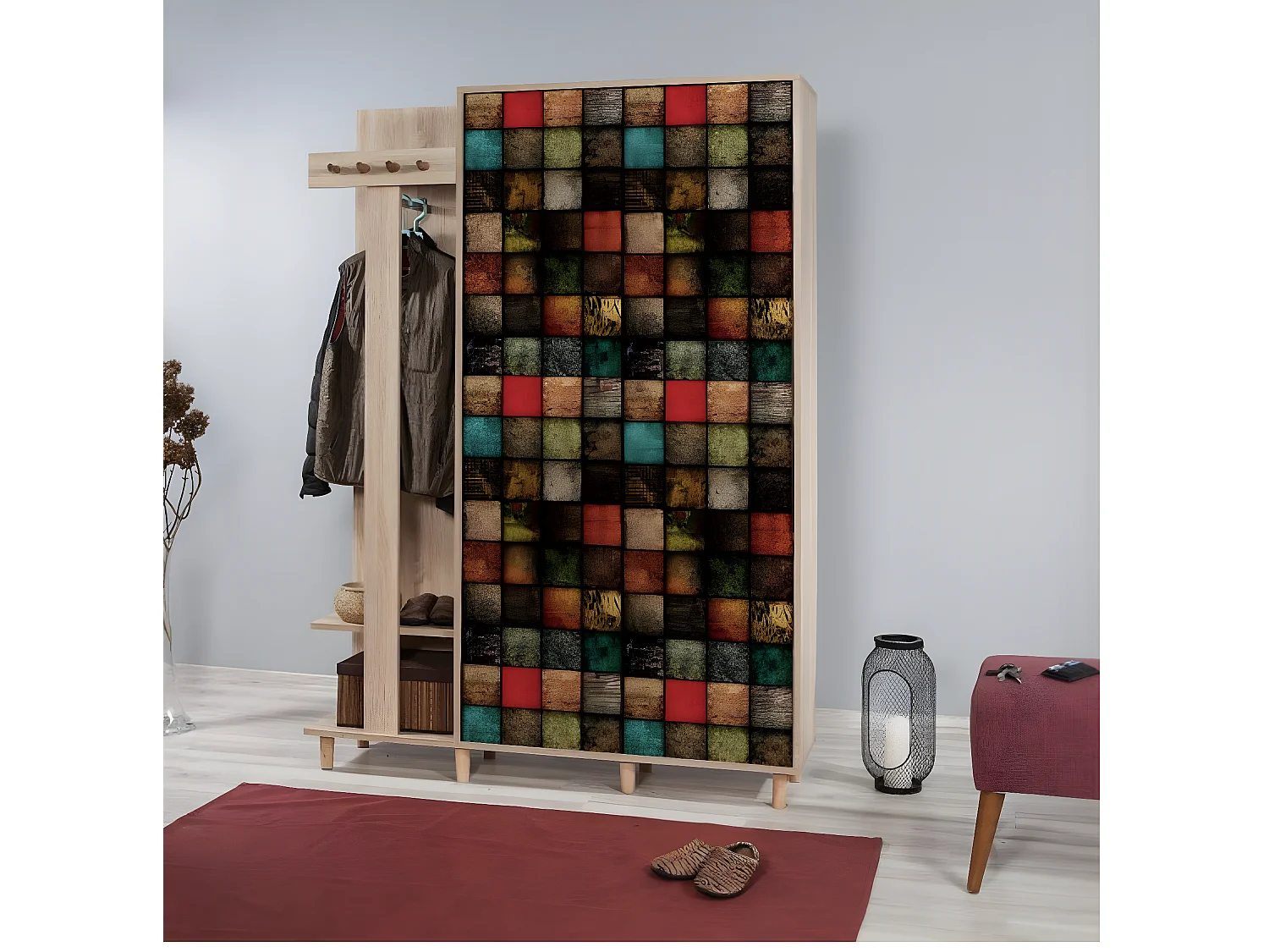 Meuble d'entrée 2 portes Repono L135xH194cm Bois Naturel et Motif Carreaux Multicolore