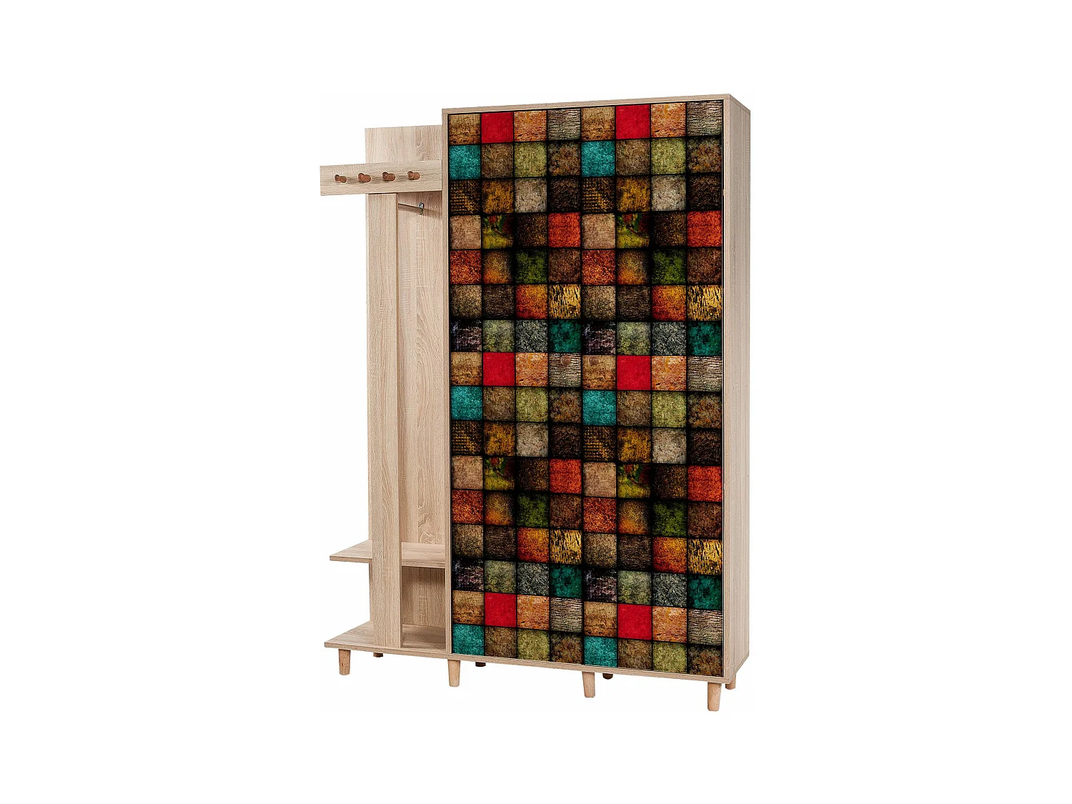 Meuble d'entrée 2 portes Repono L135xH194cm Bois Naturel et Motif Carreaux Multicolore