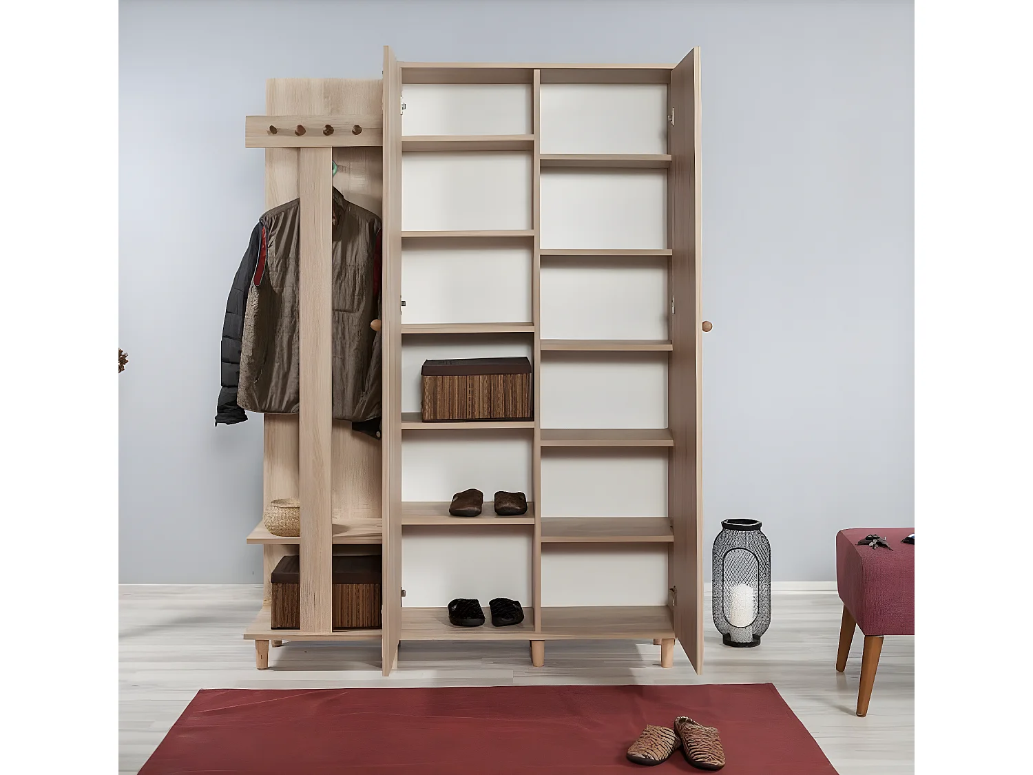 Meuble d'entrée 2 portes Repono L135xH194cm Bois Naturel et Motif Carreaux Multicolore