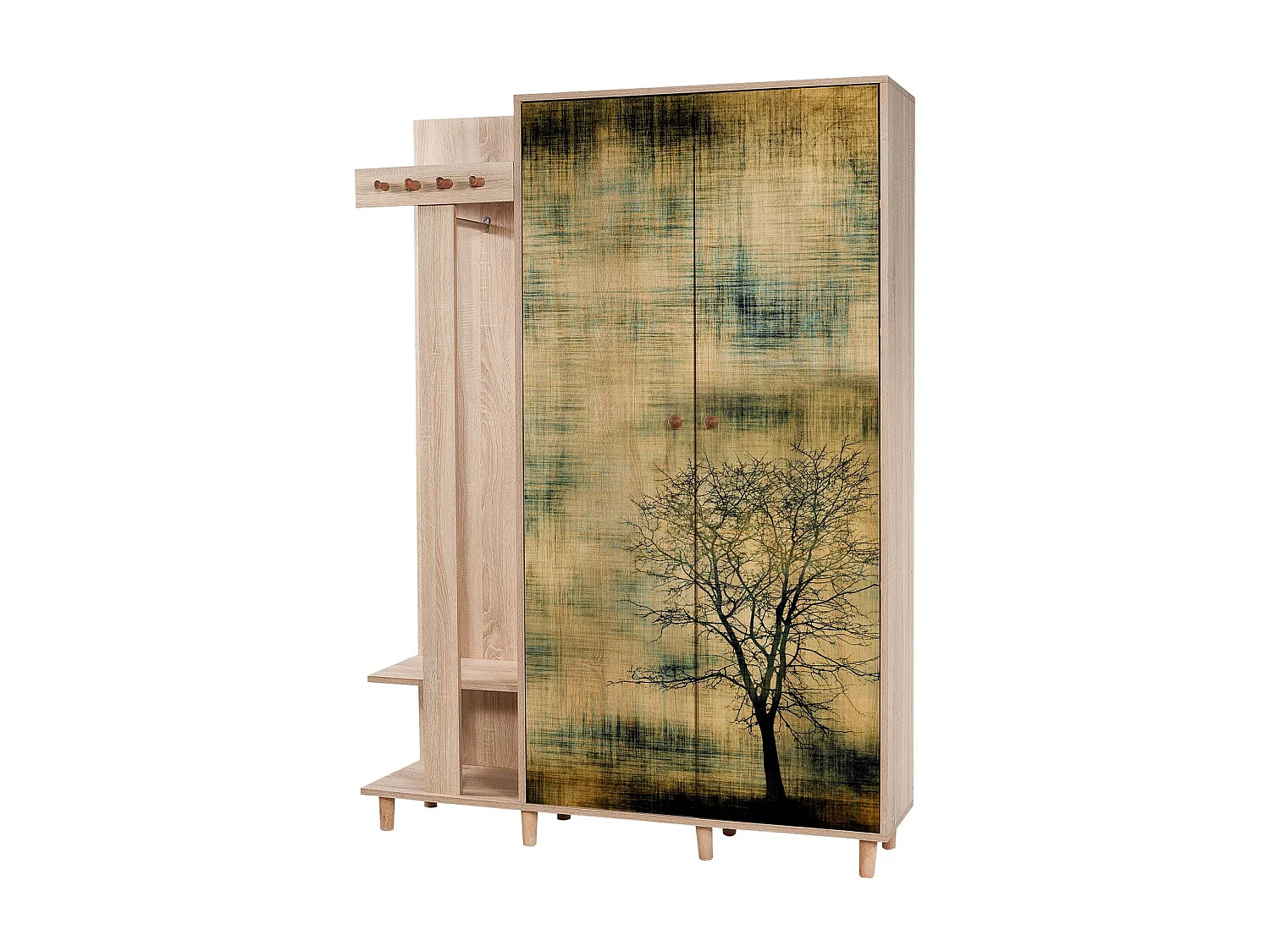 Meuble d'entrée 2 portes Repono L135xH194cm Bois Naturel et Motif Arbre effeuillé Noir