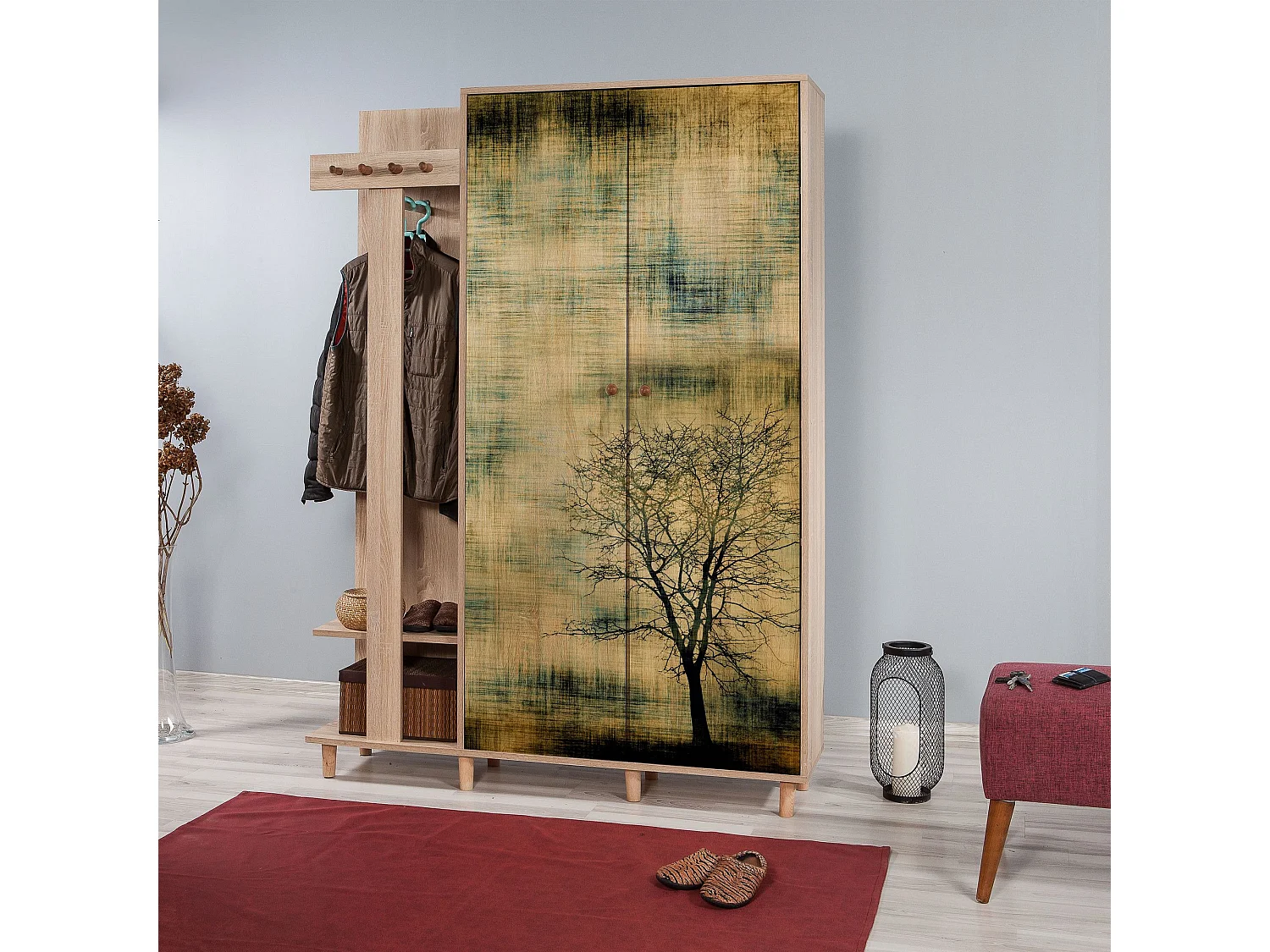 Meuble d'entrée 2 portes Repono L135xH194cm Bois Naturel et Motif Arbre effeuillé Noir