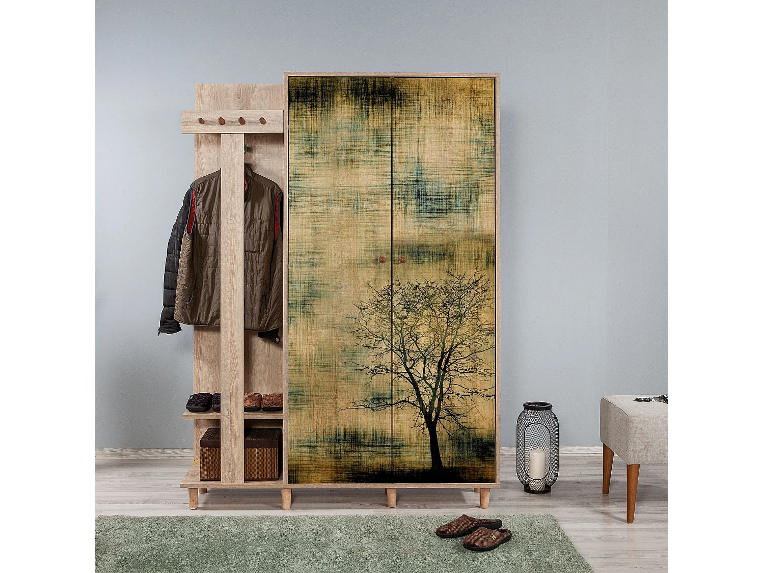 Meuble d'entrée 2 portes Repono L135xH194cm Bois Naturel et Motif Arbre effeuillé Noir