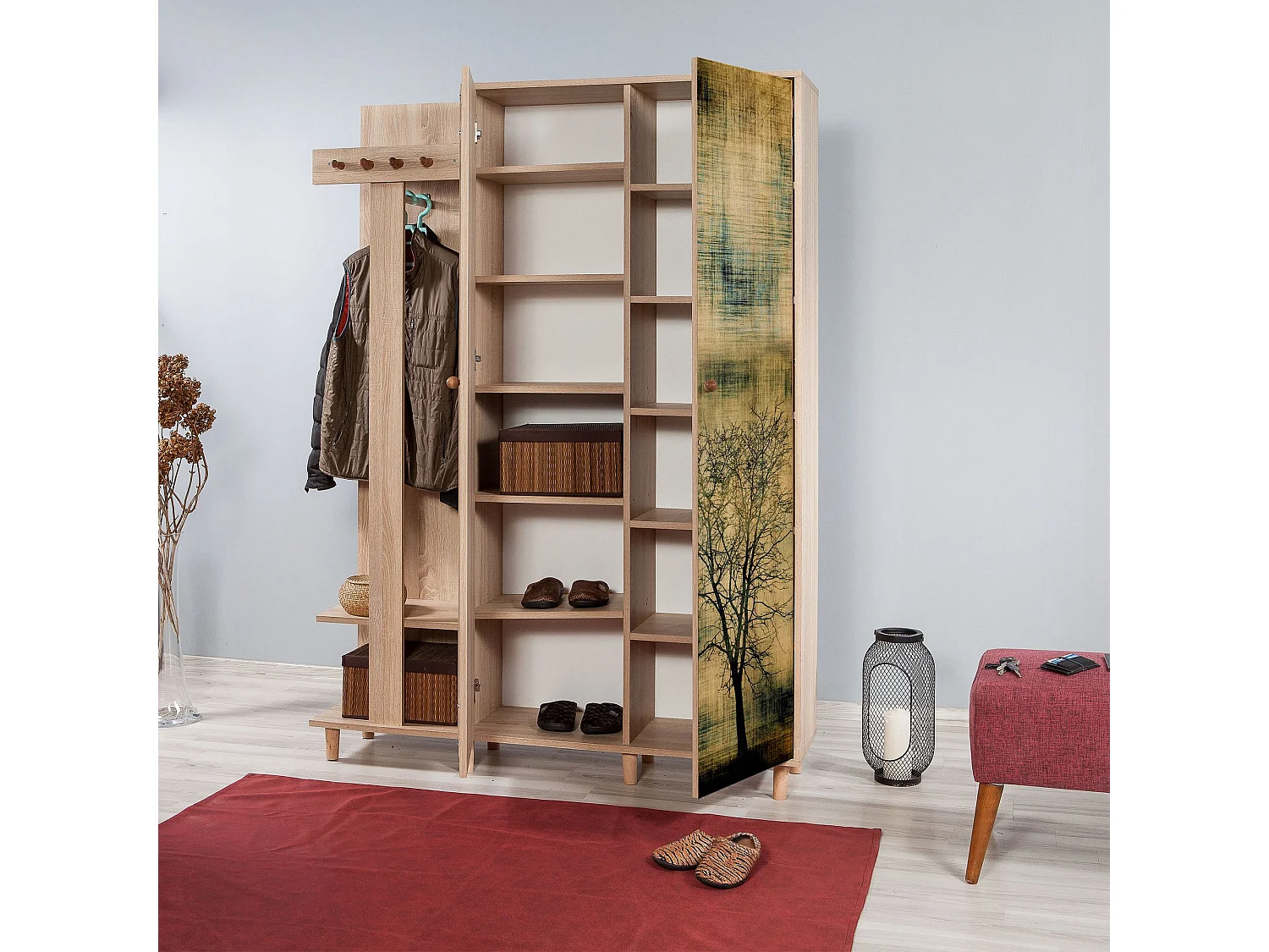 Meuble d'entrée 2 portes Repono L135xH194cm Bois Naturel et Motif Arbre effeuillé Noir