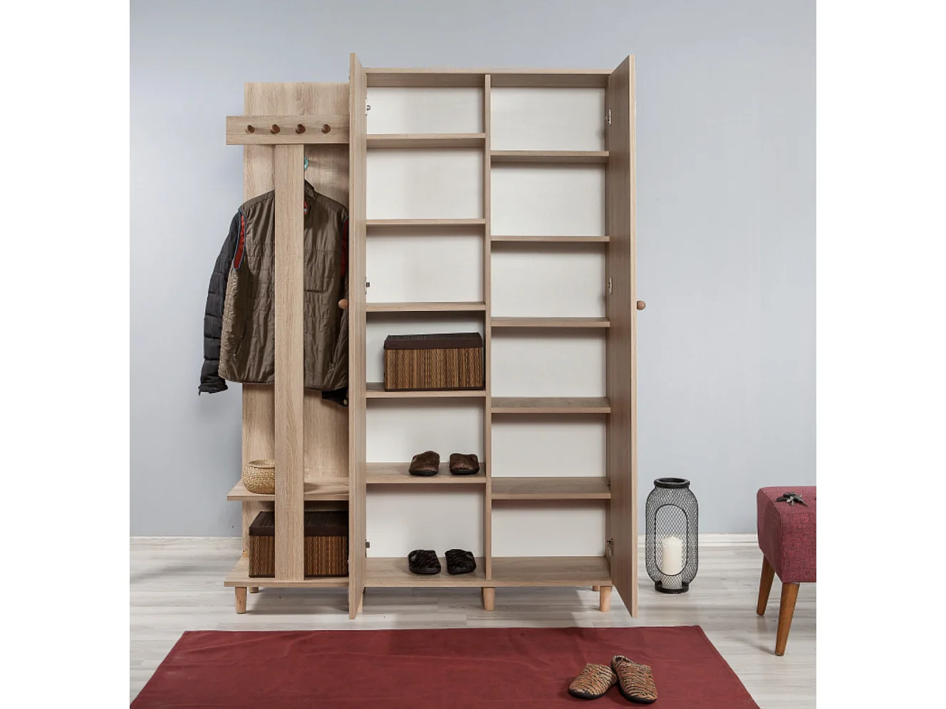 Meuble d'entrée 2 portes Repono L135xH194cm Bois Naturel et Motif Arbre effeuillé Noir