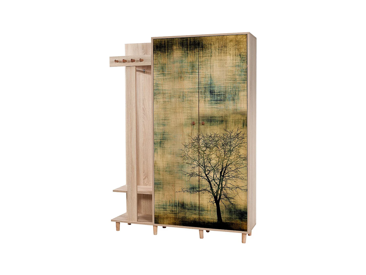 Meuble d'entrée 2 portes Repono L135xH194cm Bois Naturel et Motif Arbre effeuillé Noir