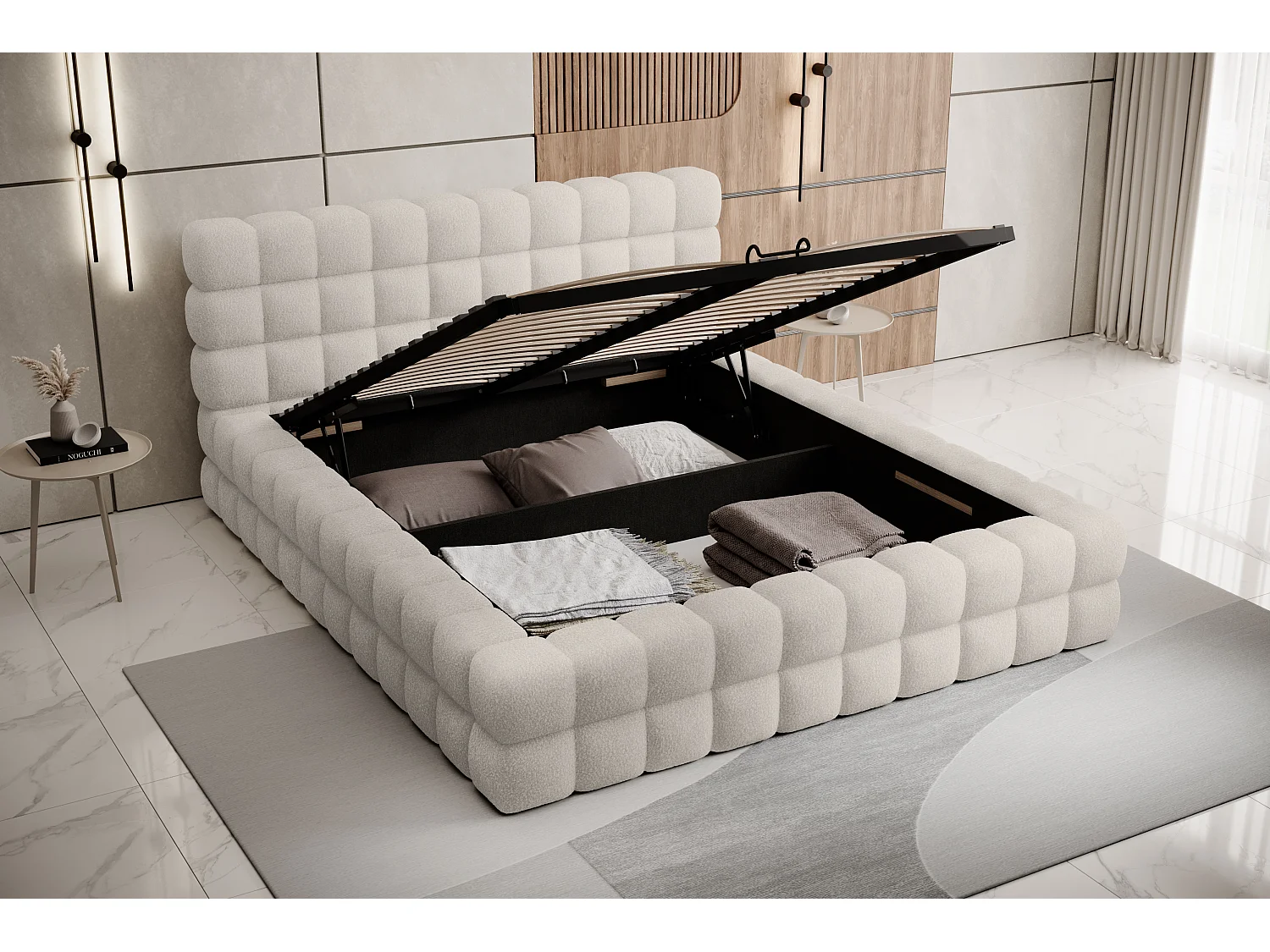 Lit coffre design avec capitonnage tissu à bouclettes Kaizer-Couleur Beige clair-140x200