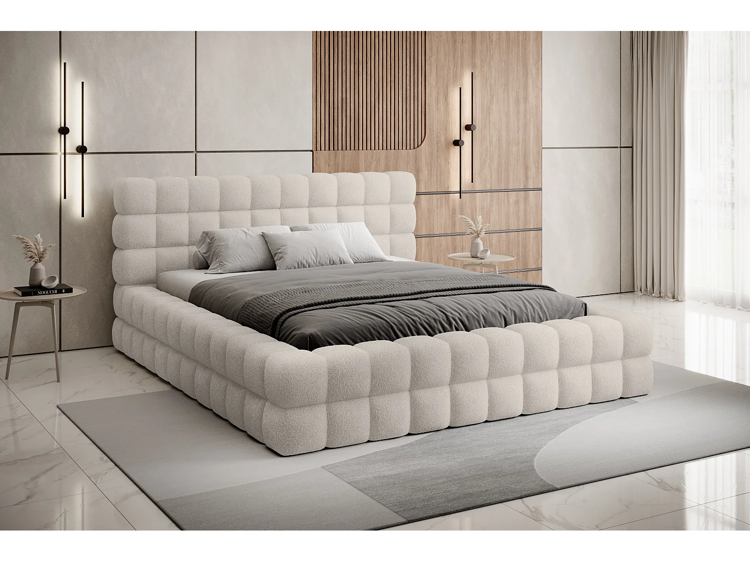 Lit coffre design avec capitonnage tissu à bouclettes Kaizer-Couleur Beige clair-140x200