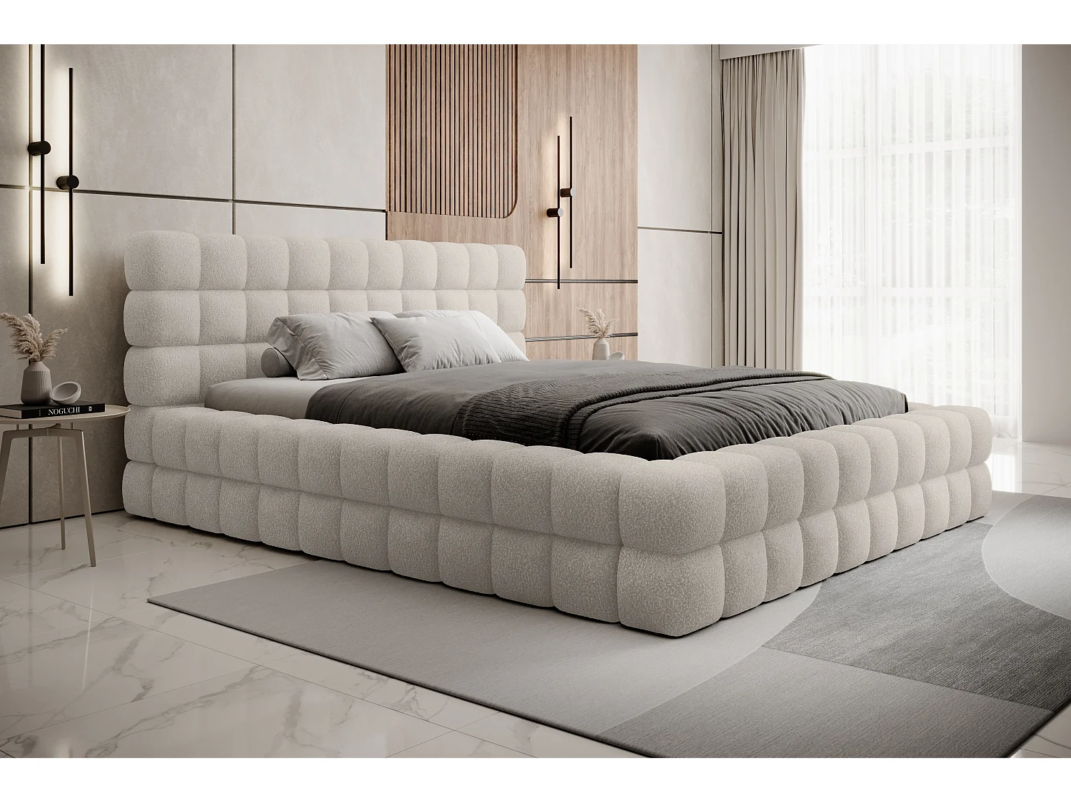 Lit coffre design avec capitonnage tissu à bouclettes Kaizer-Couleur Beige clair-140x200