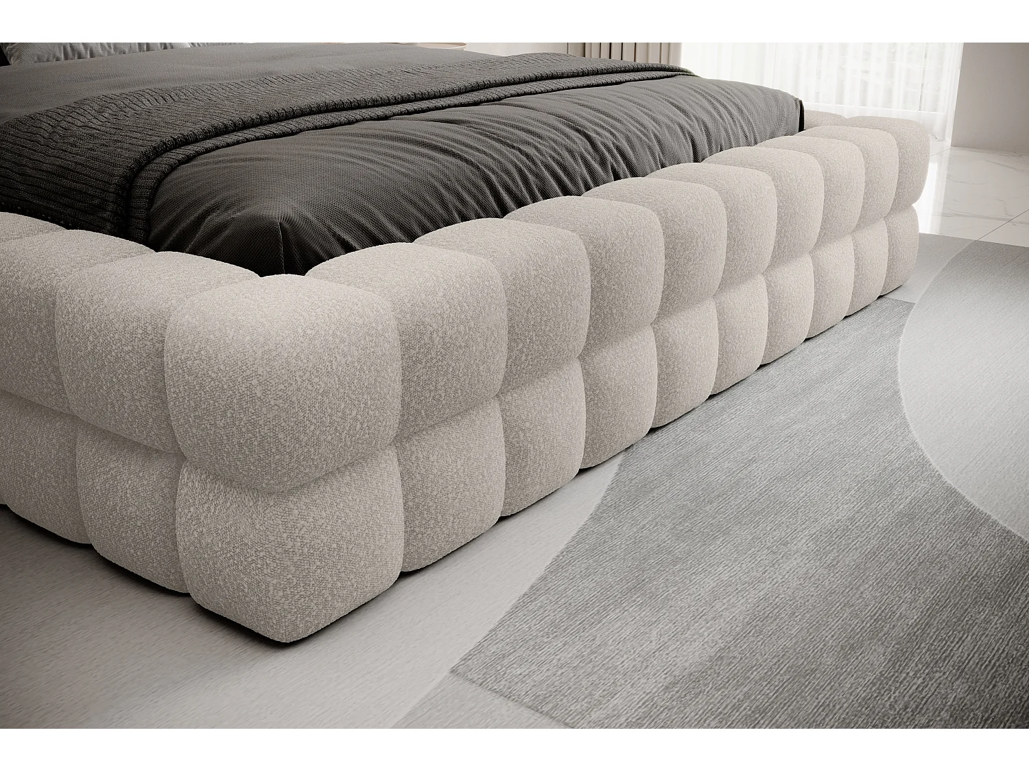 Lit coffre design avec capitonnage tissu à bouclettes Kaizer-Couleur Beige clair-140x200