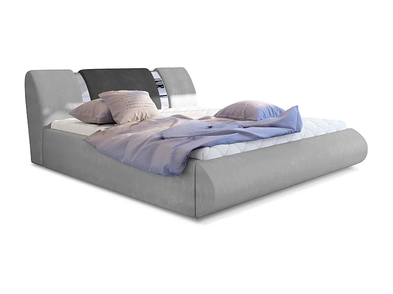 Lit coffre 160x200 tissu gris clair-foncé et métal chromé Flavien