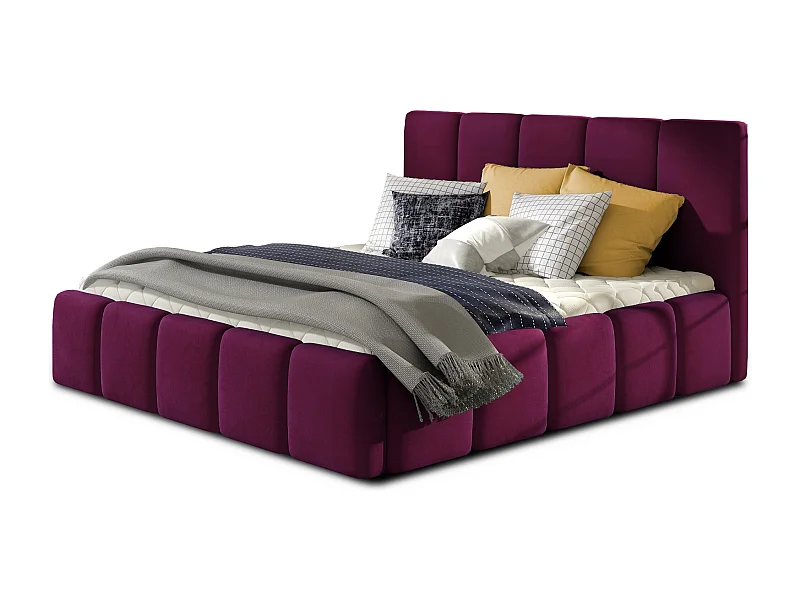 Vika modern gestoffeerd fluwelen bed-Kleur Pruim-Slapen 140x200cm-Versie met boxspring