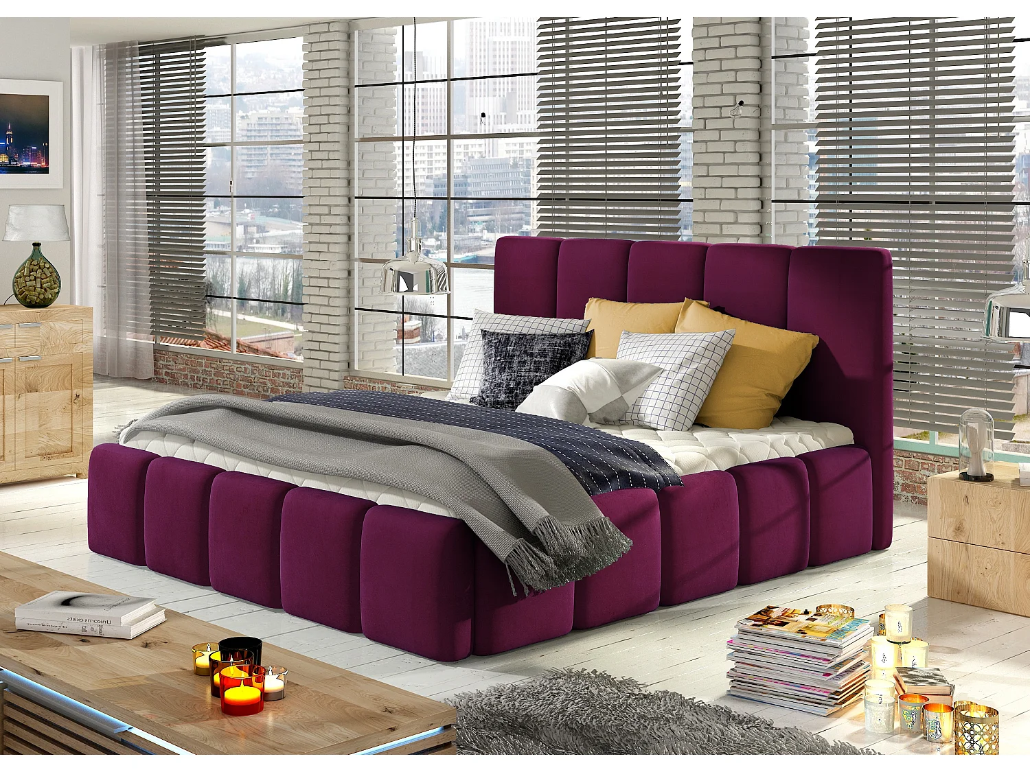 Vika modern gestoffeerd fluwelen bed-Kleur Pruim-Slapen 140x200cm-Versie met boxspring