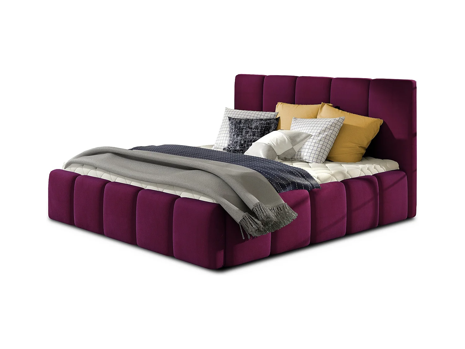 Lit moderne capitonné velours Vika-Couleur Magenta foncé-140x200-Version avec sommier
