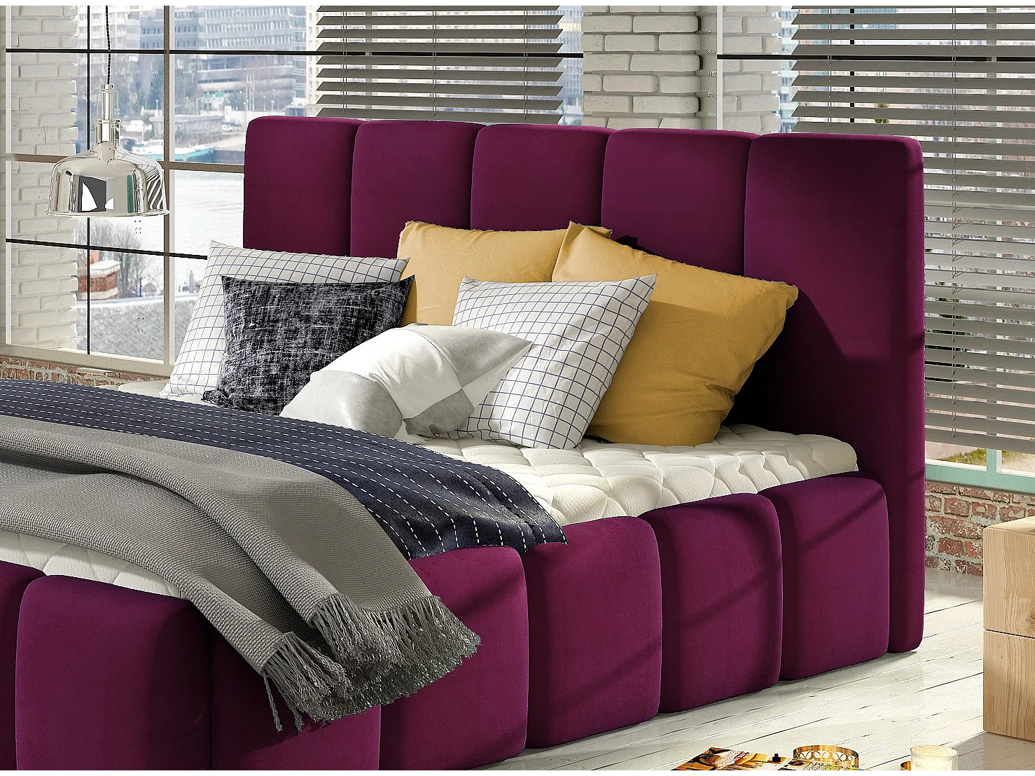 Lit moderne capitonné velours Vika-Couleur Magenta foncé-140x200-Version avec sommier