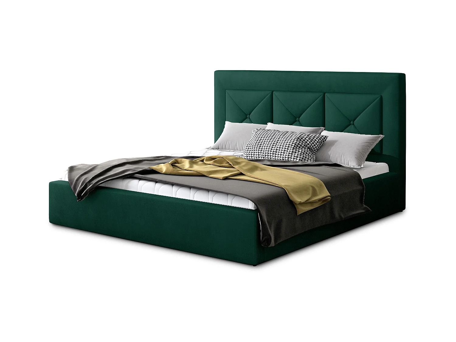 Lit double rembourré en velours Clarin-Couleur Vert épinard-180x200-Version avec sommier