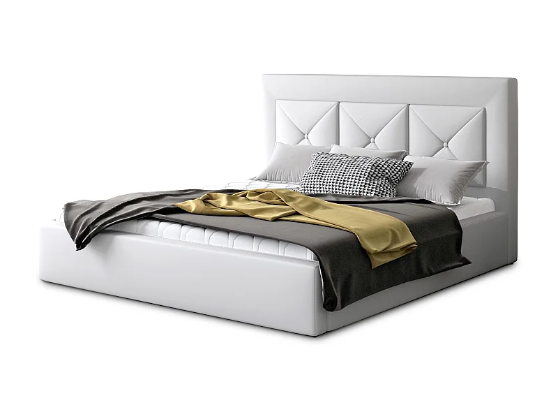 Lit double rembourré en simili cuir Clarin-Couleur Blanc-180x200-Version avec sommier